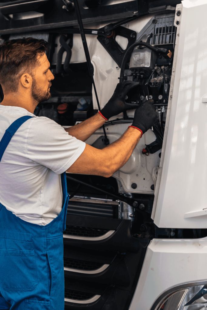 A man working on a refrigerated truck engine in summer